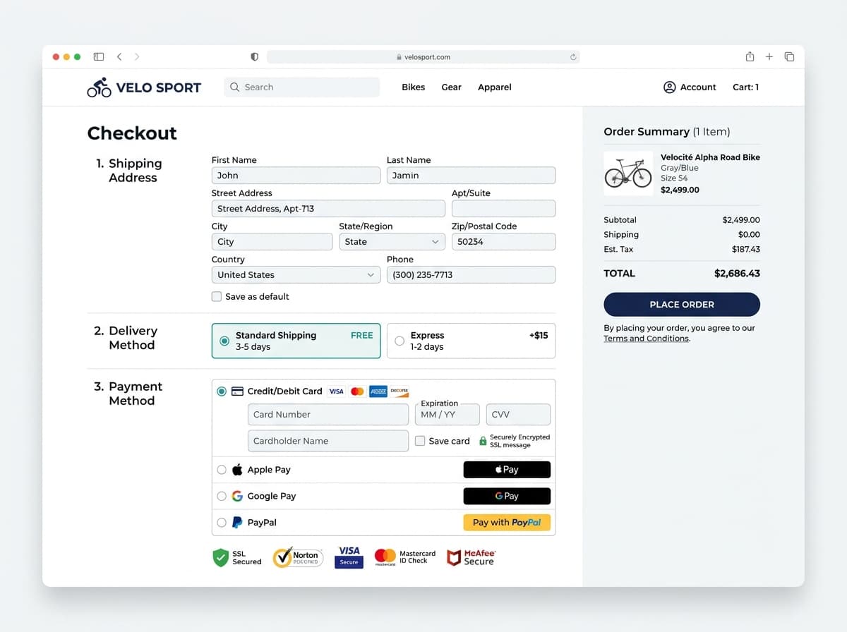 Streamlined single-page checkout flow with multiple payment options and address autofill