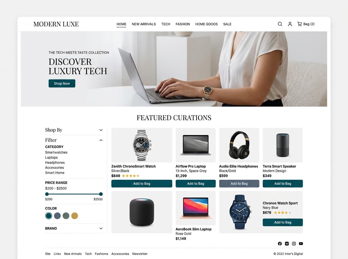 Modern e-commerce luxury storefront interface with product catalog and faceted navigation