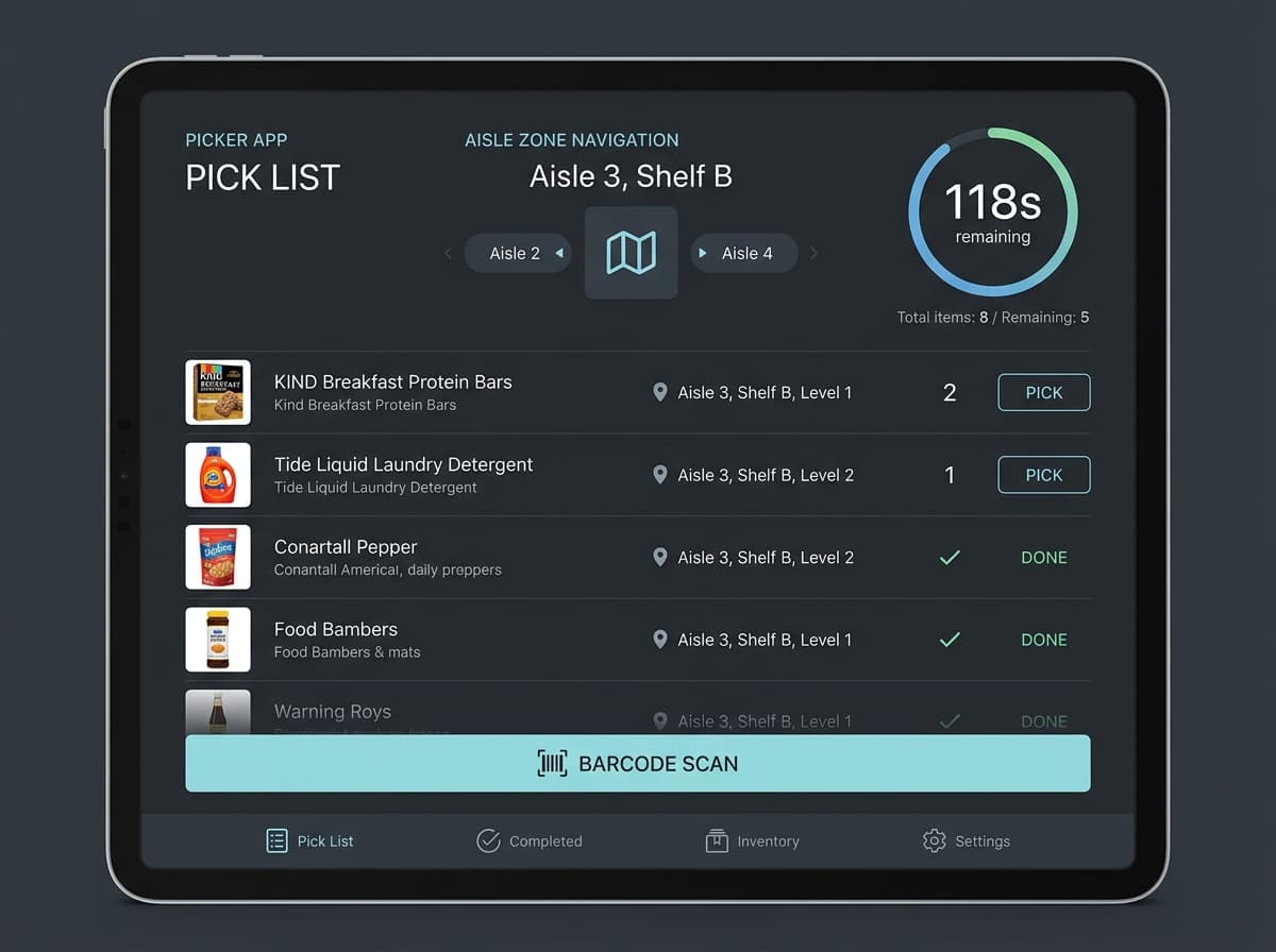 Dark store warehouse tablet picking application with aisle navigation and barcode scanner