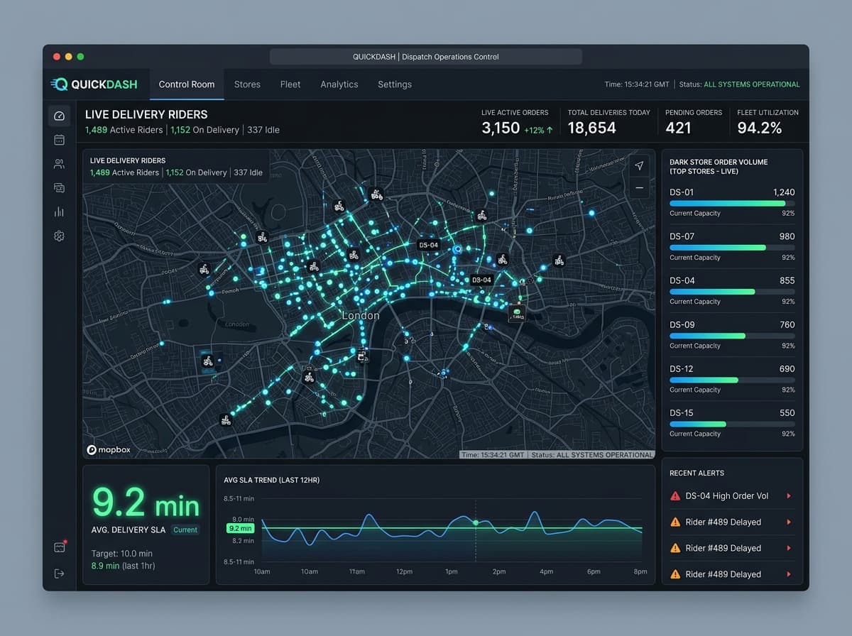 Central dispatch operations control room monitoring active rider fleet and SLA metrics