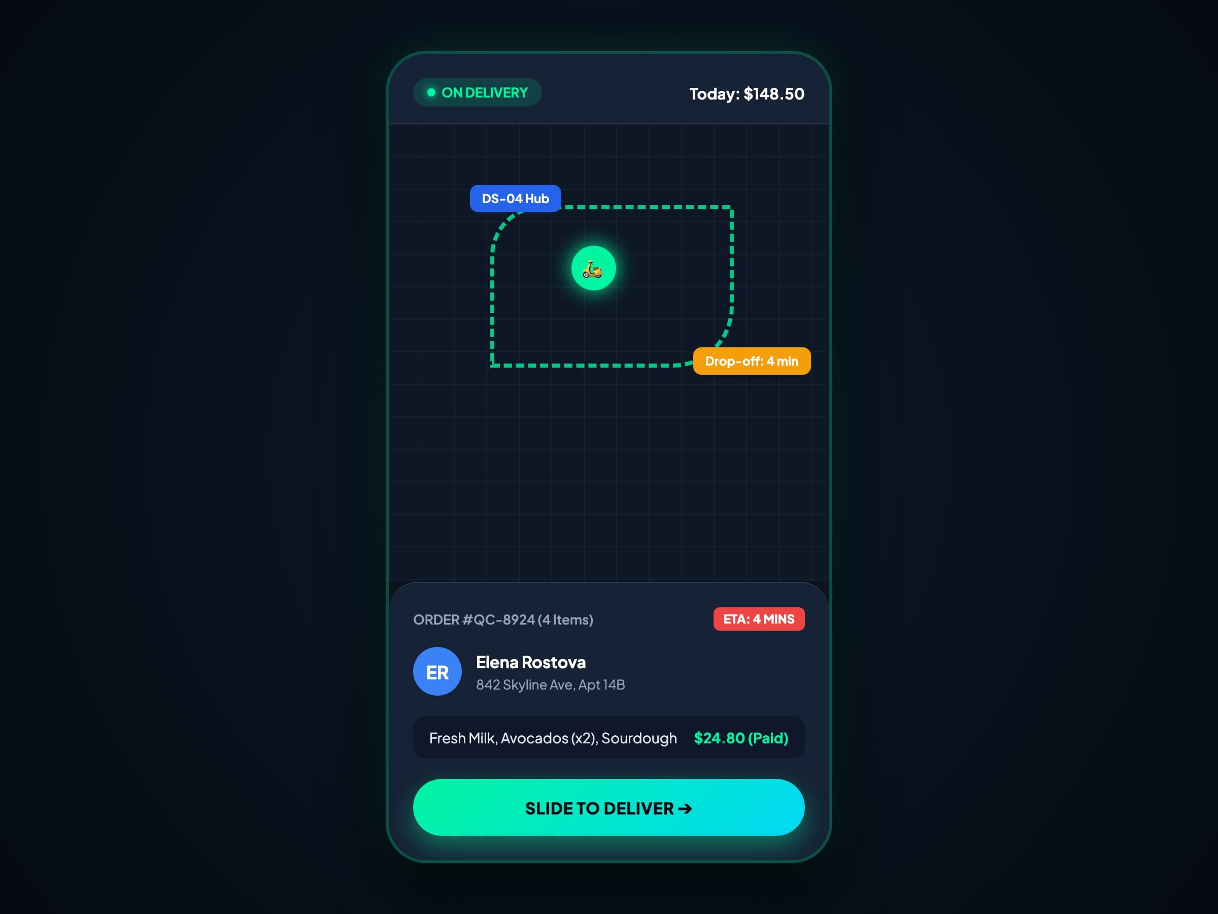 Delivery courier mobile application with turn-by-turn route and slide-to-deliver action