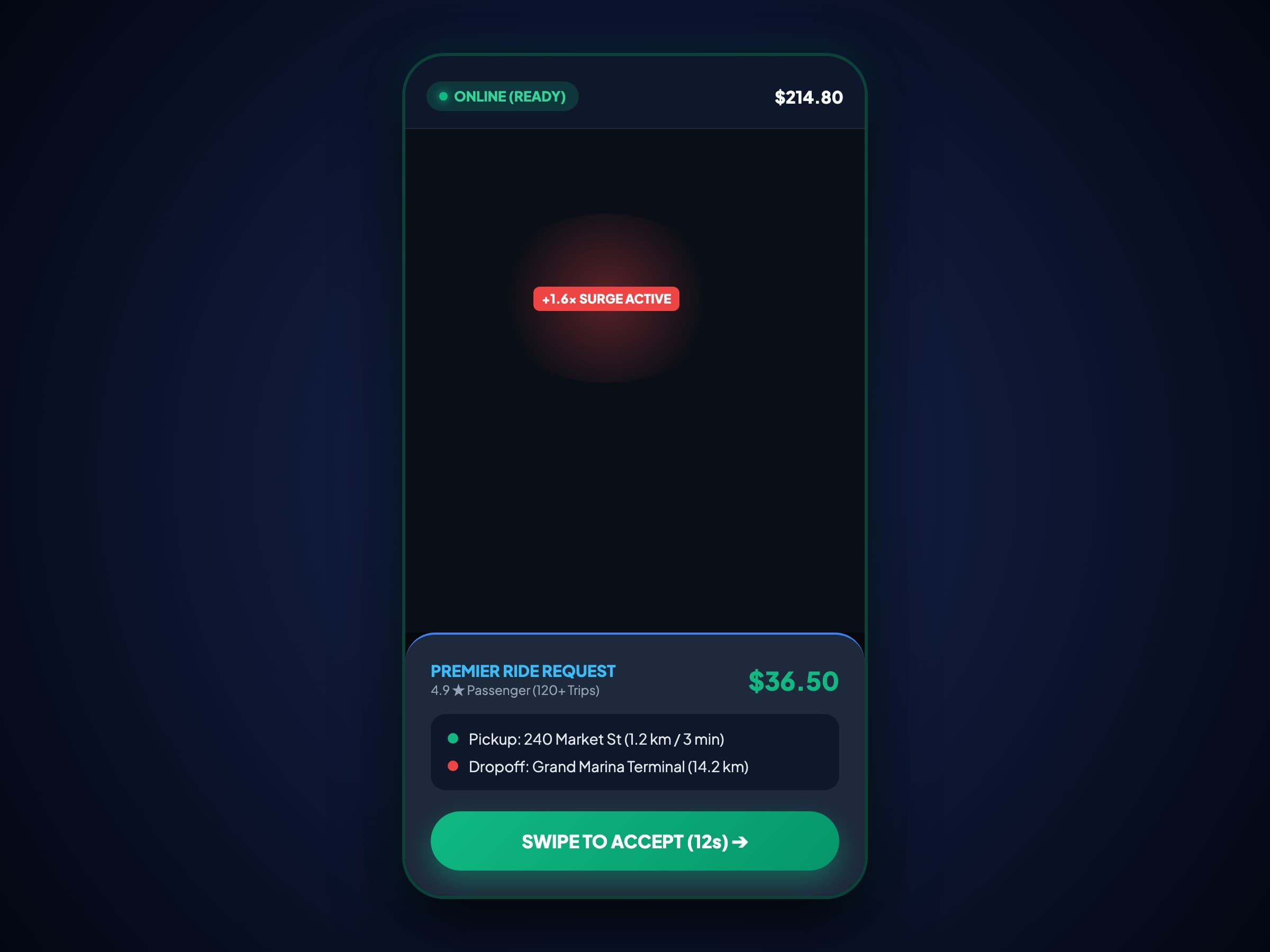 Driver partner mobile application with incoming trip card and surge bonus indicator