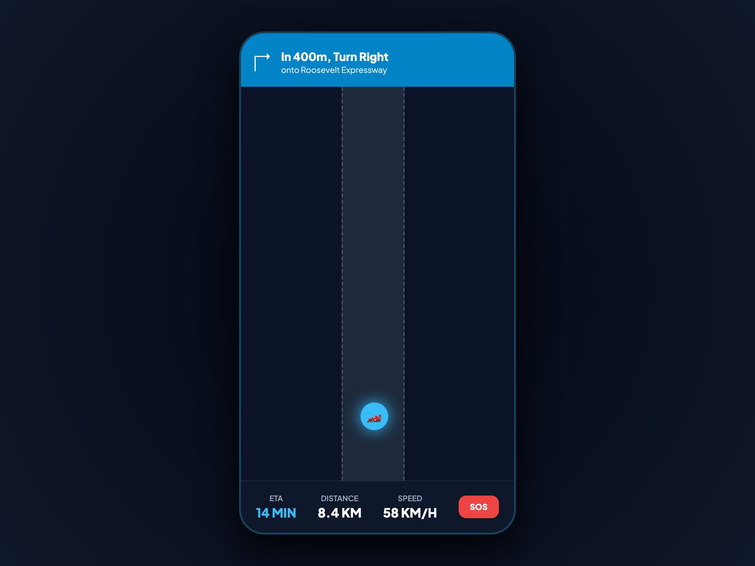 In-trip turn-by-turn navigation screen with live trajectory, ETA, and emergency SOS